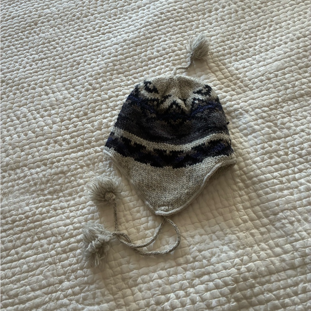 Cozy Knit Hat with Tassels - gray, black, and blue